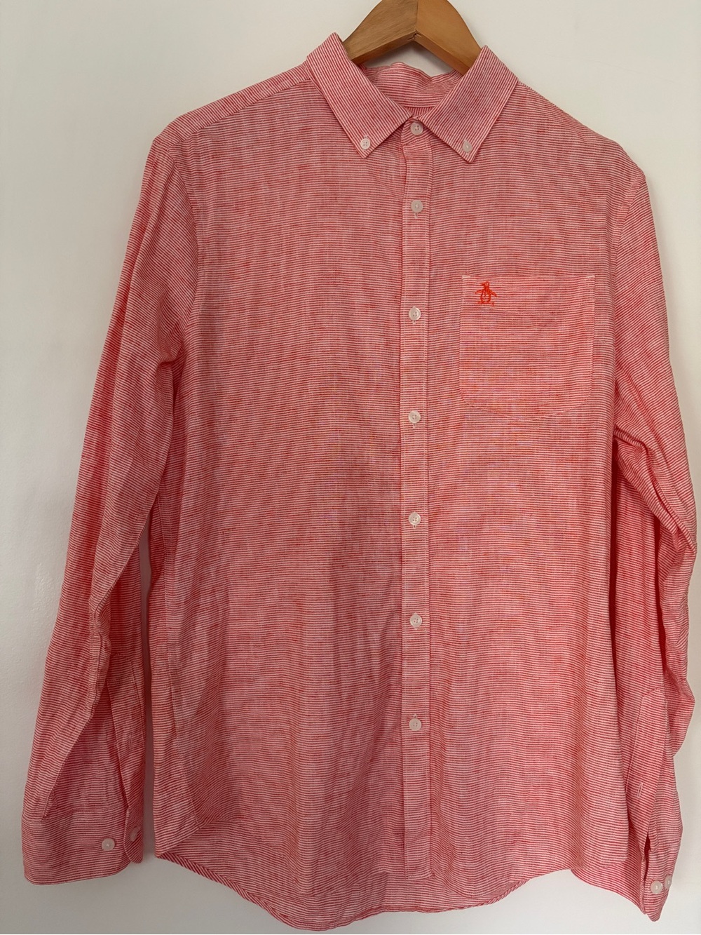 53% Linen Original Penguin Shirt Coral Pink White Stripe Men’s S Button Up